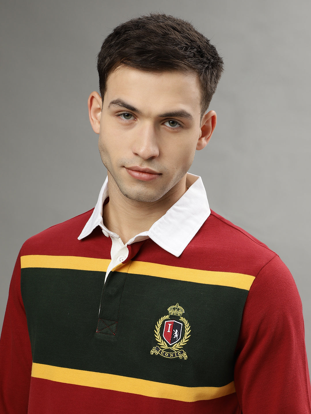 Iconic Men Red Colorblocked Polo Collar Full Sleeves T-Shirt