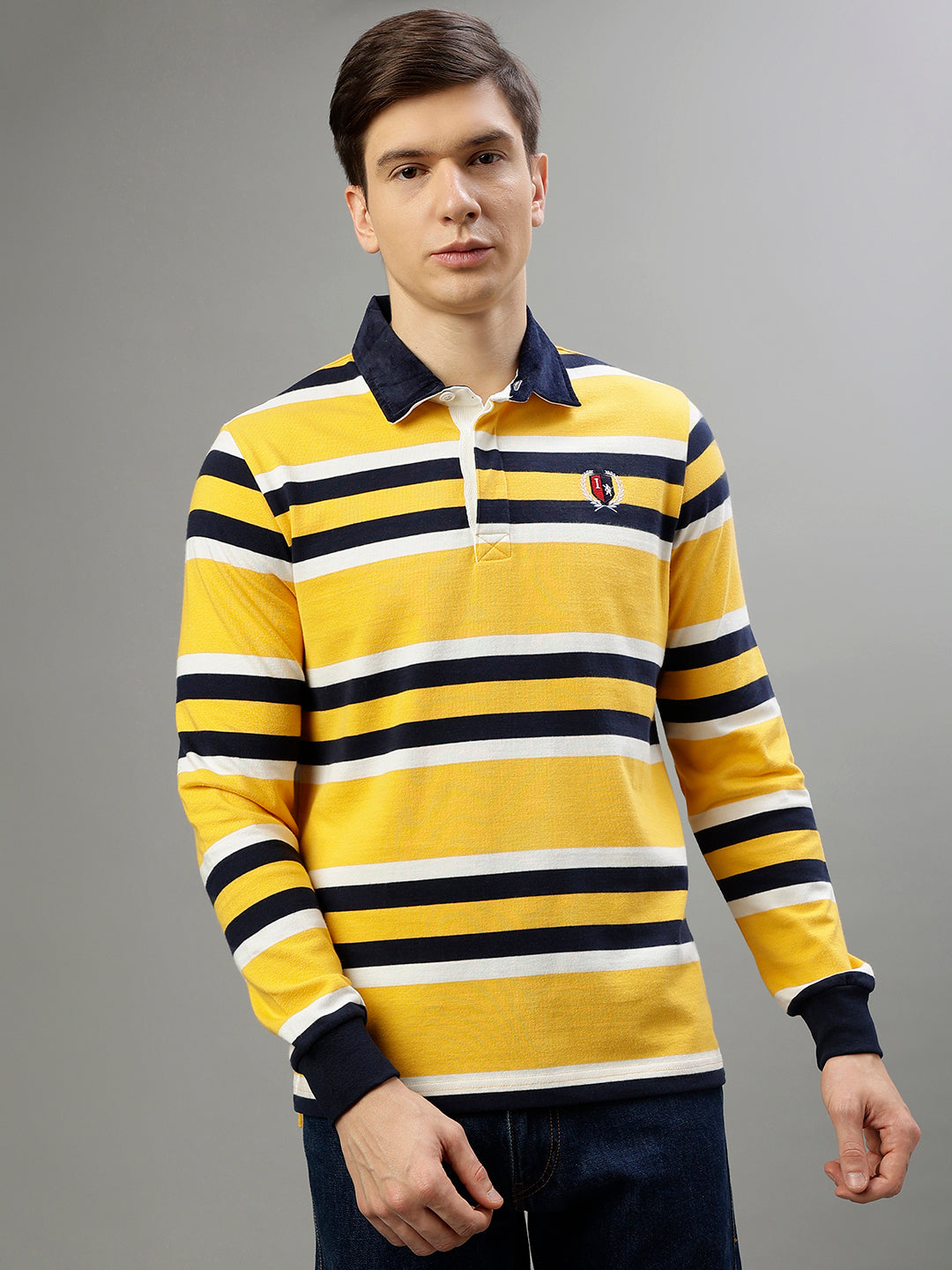 Iconic Men Multicolor Striped Polo Collar Full Sleeves T-Shirt