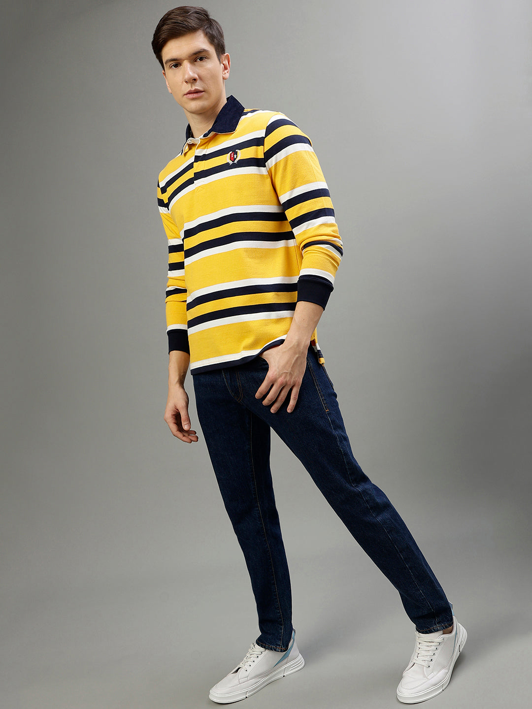 Iconic Men Multicolor Striped Polo Collar Full Sleeves T-Shirt