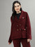 Iconic Women Wine Solid Notch Lapel Full Sleeves Blazer