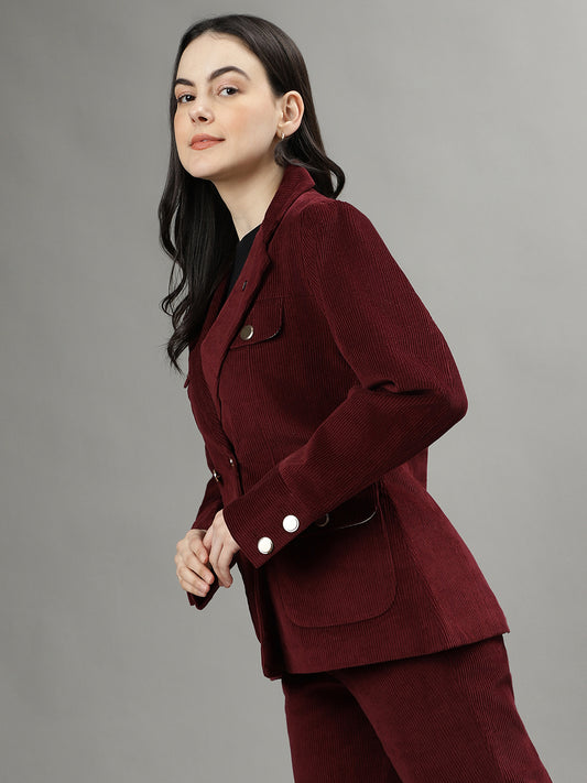 Iconic Women Wine Solid Notch Lapel Full Sleeves Blazer