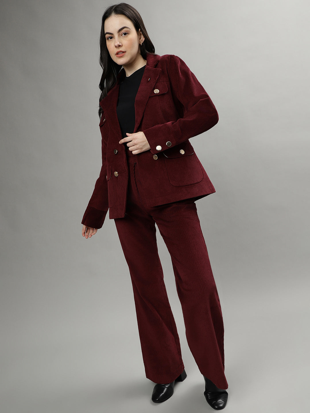 Iconic Women Wine Solid Notch Lapel Full Sleeves Blazer