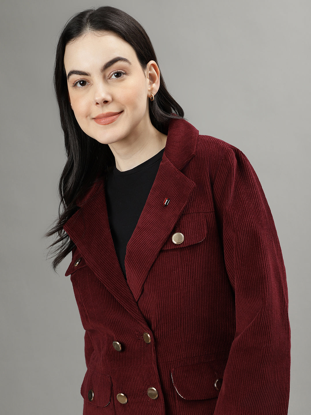 Iconic Women Wine Solid Notch Lapel Full Sleeves Blazer