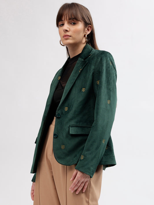 Iconic Women Green Solid Notch Lapel Full Sleeves Single Breasted Blazer