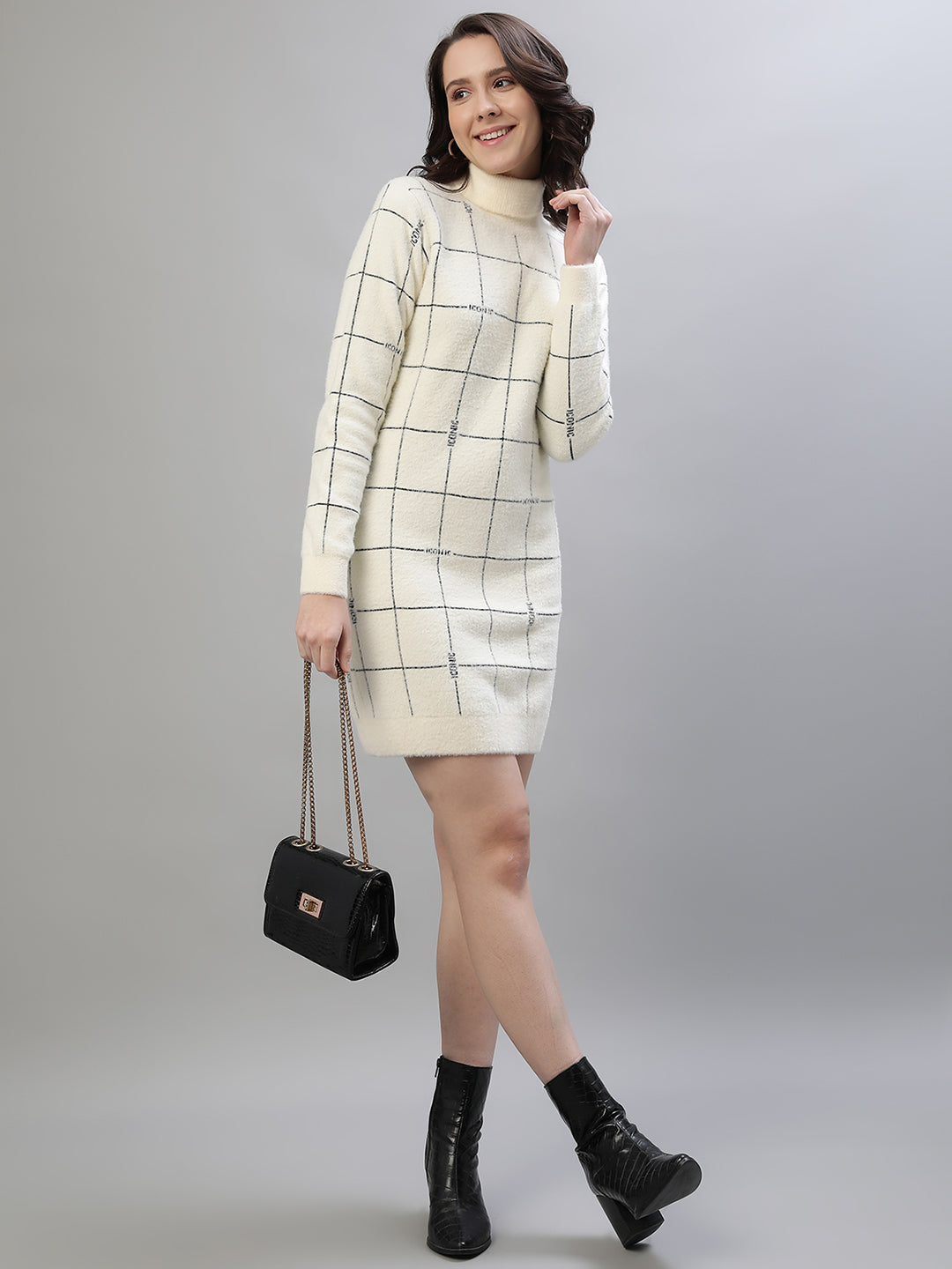 Iconic Women White Checked Turtle Neck Full Sleeves Dress