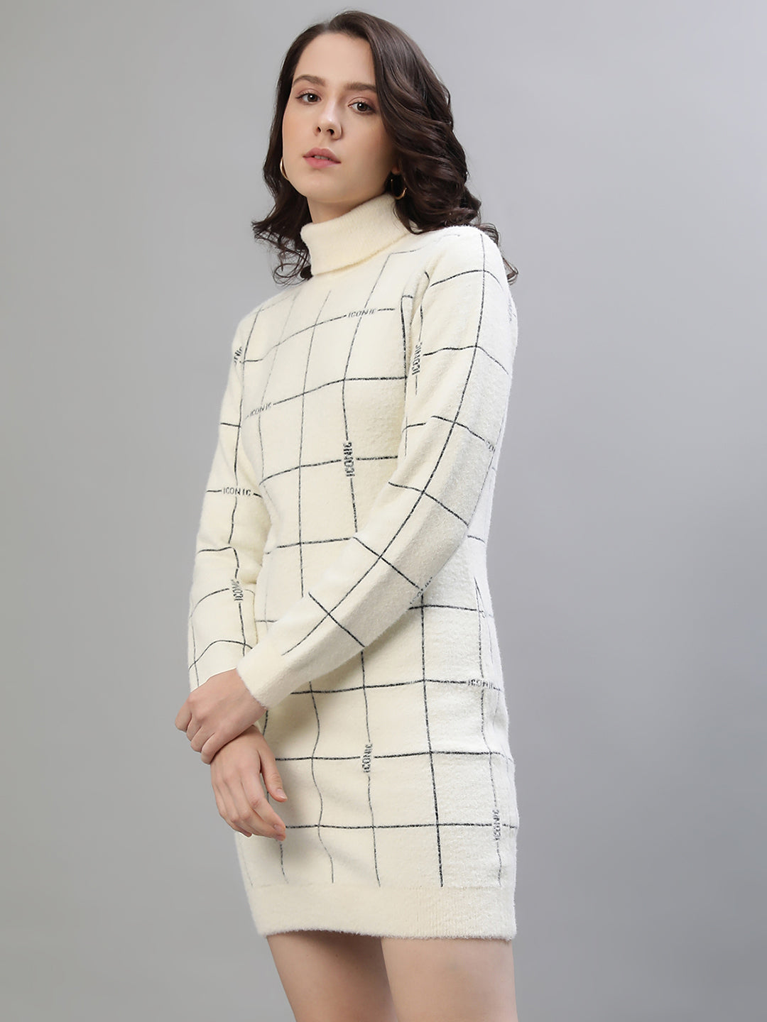 Iconic Women White Checked Turtle Neck Full Sleeves Dress