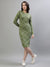 Iconic Women Green Jacquard Round Neck Full Sleeves Dress