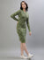 Iconic Women Green Jacquard Round Neck Full Sleeves Dress