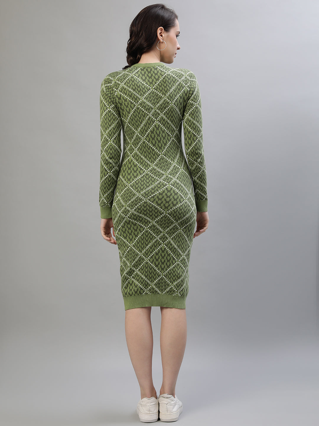 Iconic Women Green Jacquard Round Neck Full Sleeves Dress