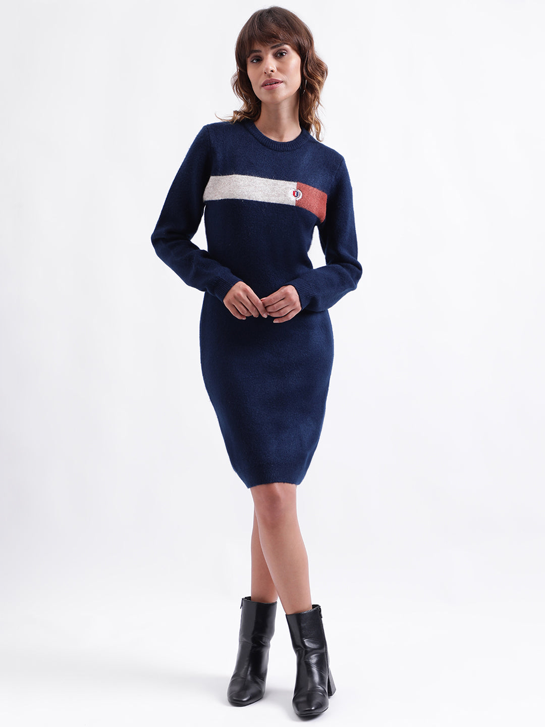 Iconic Women Navy Blue Colorblocked Round Neck Full Sleeves Dress