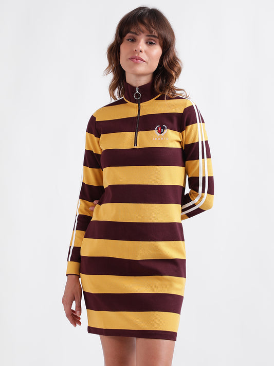 Iconic Women Multicolor Striped High Neck Full Sleeves Dress