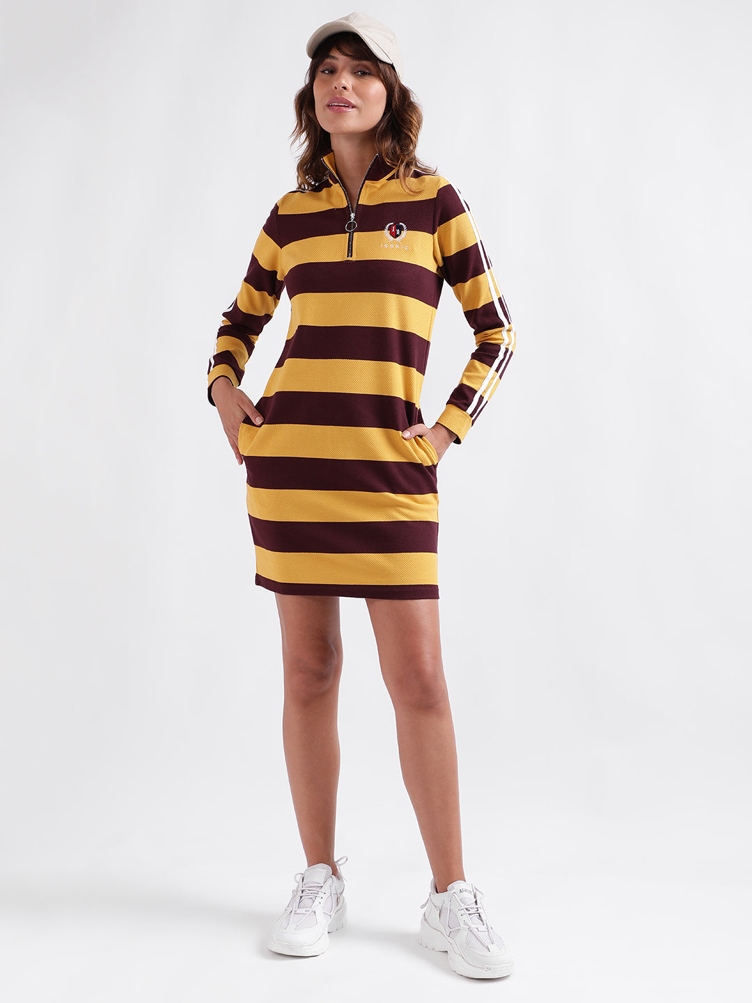 Iconic Women Multicolor Striped High Neck Full Sleeves Dress