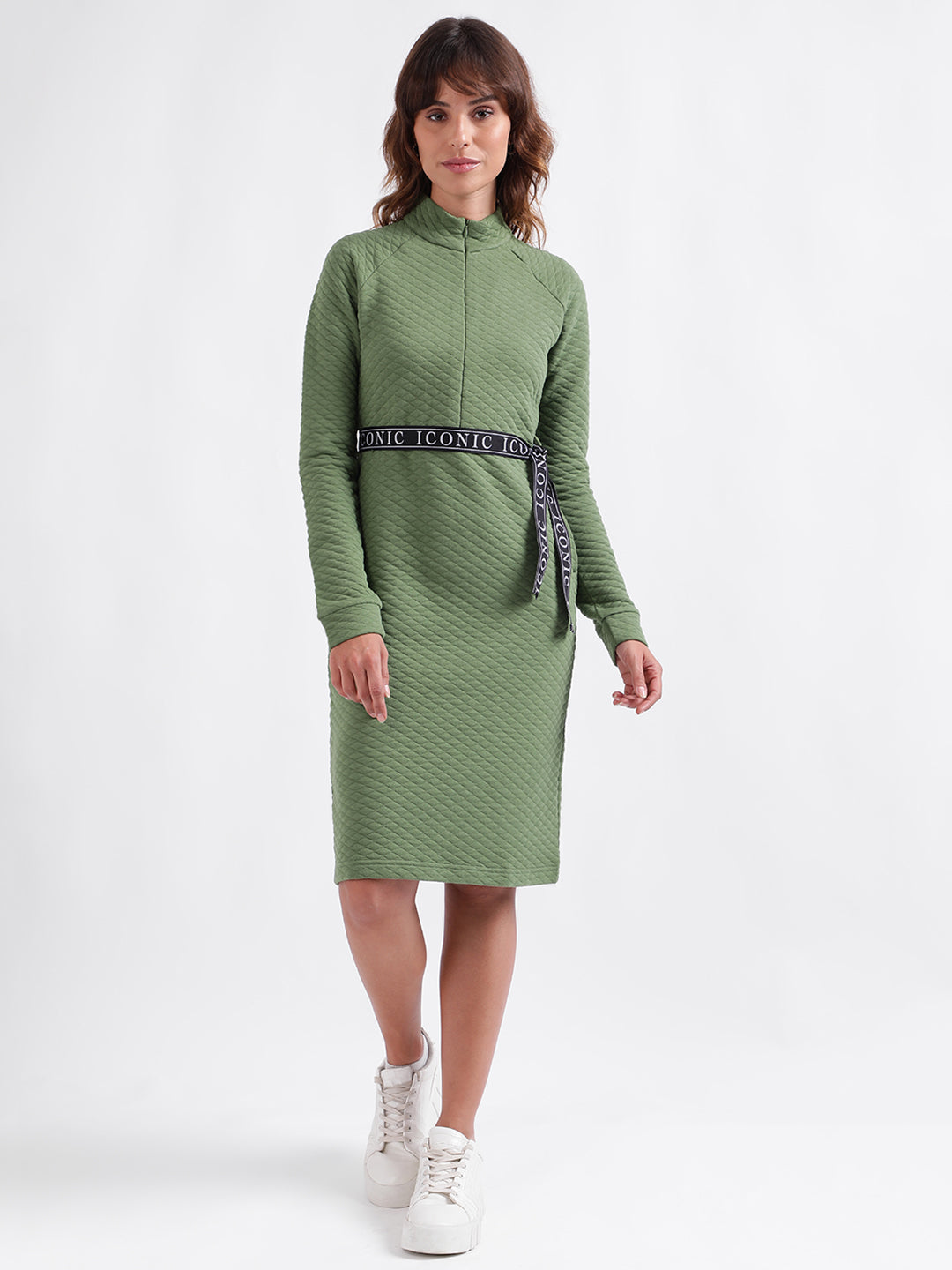 Iconic Women Green Solid Stand Collar Full Sleeves Dress