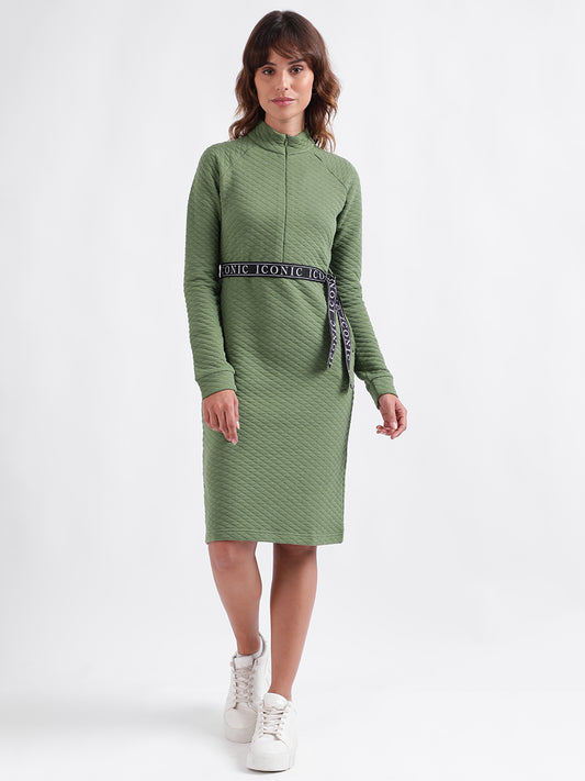 Iconic Women Green Solid Stand Collar Full Sleeves Dress