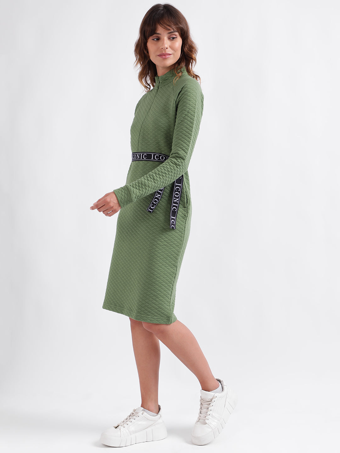 Iconic Women Green Solid Stand Collar Full Sleeves Dress