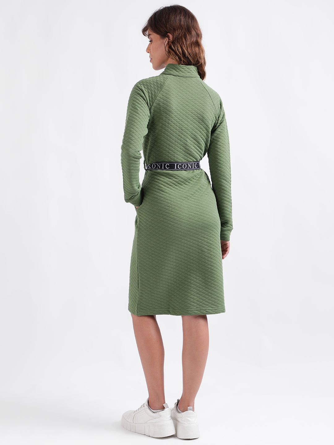 Iconic Women Green Solid Stand Collar Full Sleeves Dress