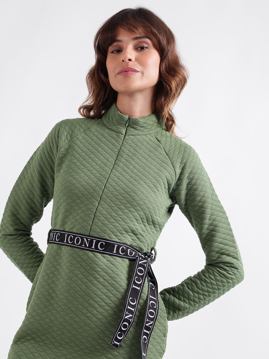 Iconic Women Green Solid Stand Collar Full Sleeves Dress