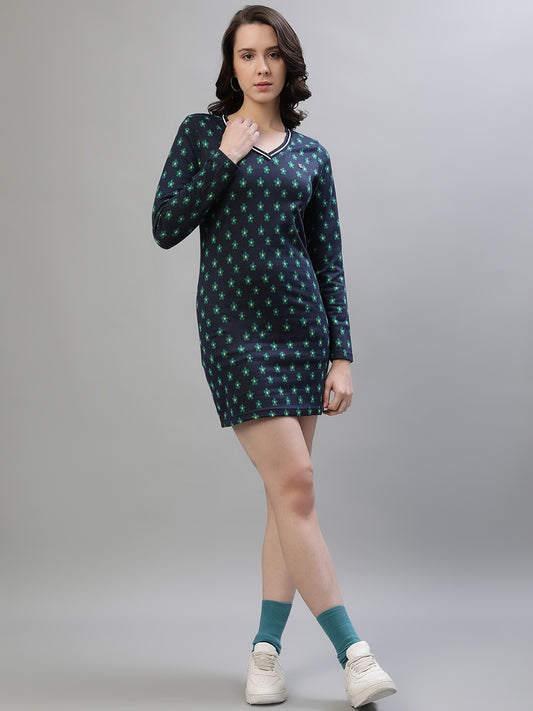 Iconic Women Navy Blue Printed V-Neck Full Sleeves Dress