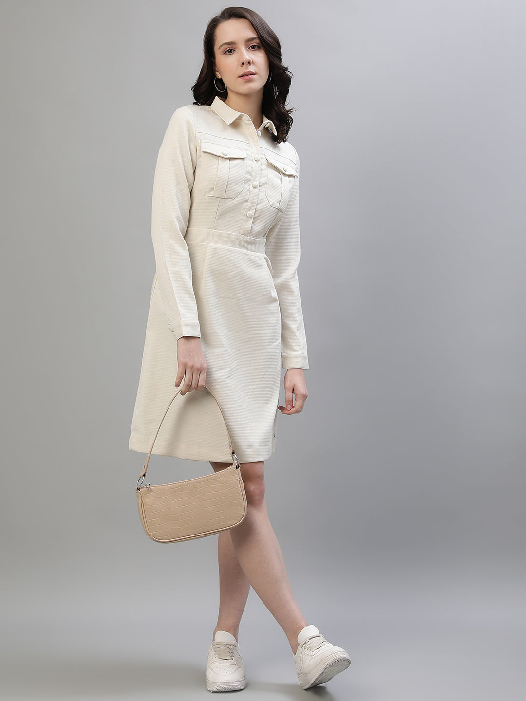 Iconic Women Cream Solid Spread Collar Full Sleeves Dress