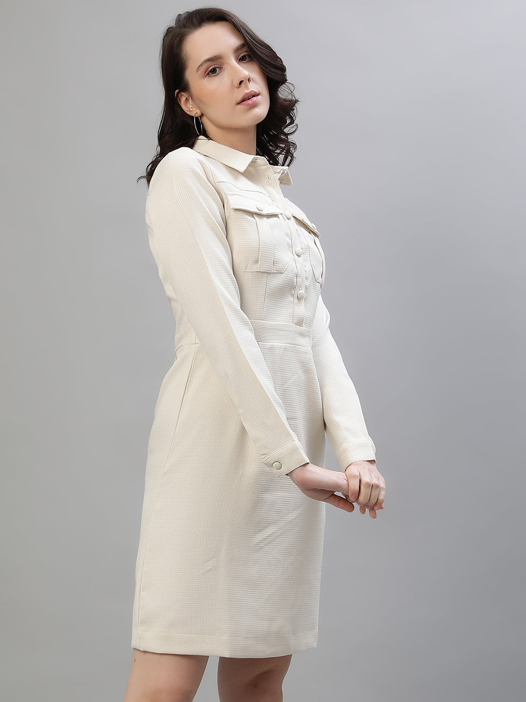 Iconic Women Cream Solid Spread Collar Full Sleeves Dress