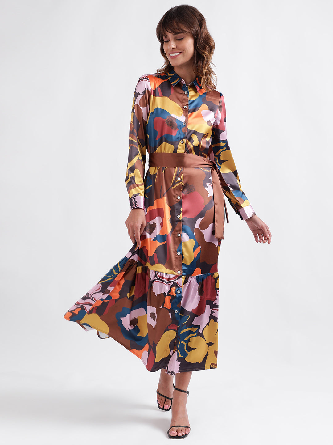 Iconic Women Multicolor Printed Shirt Collar Full Sleeves Dress