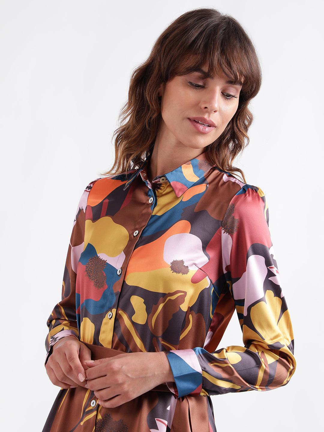 Iconic Women Multicolor Printed Shirt Collar Full Sleeves Dress