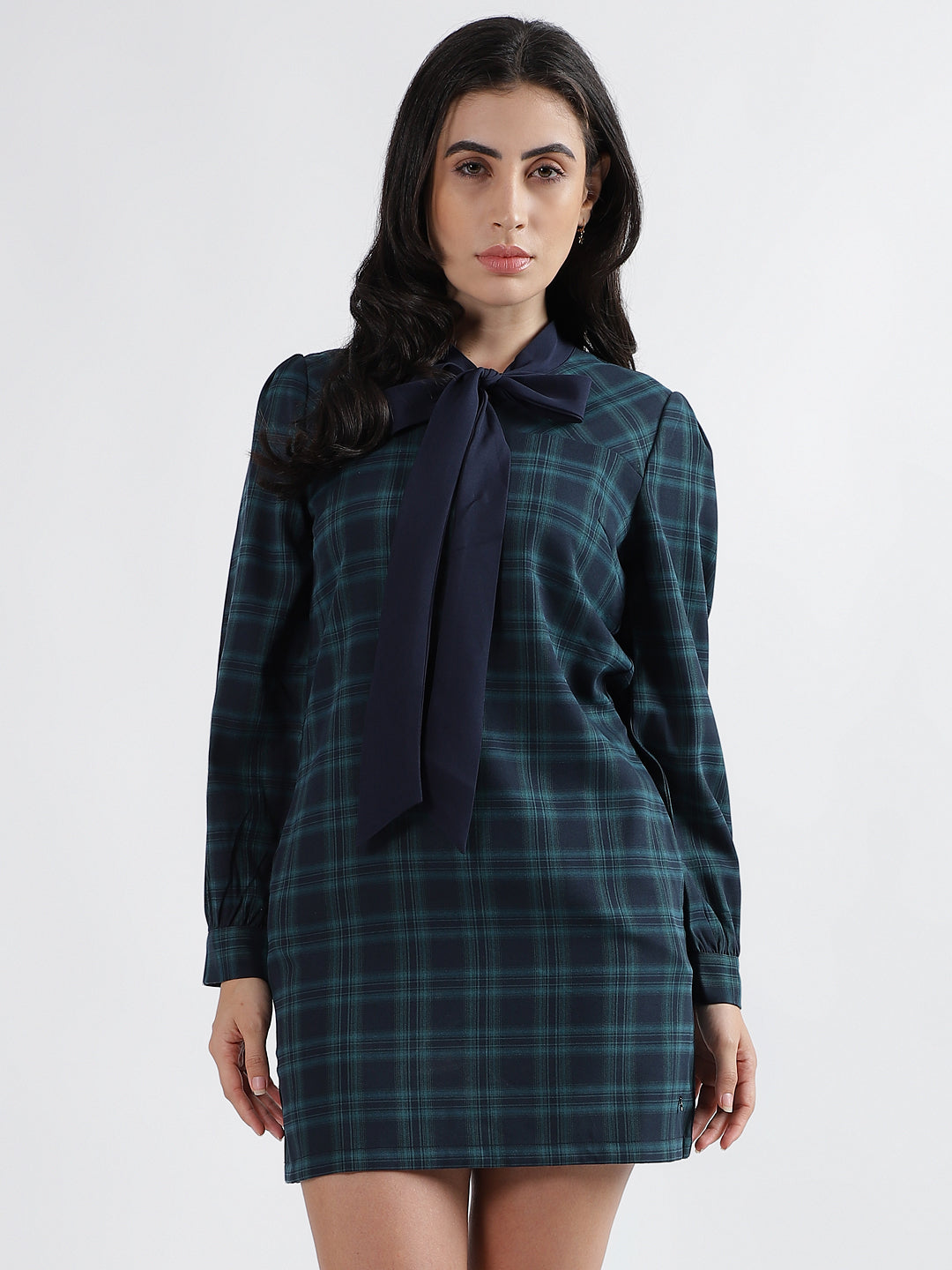 Iconic Women Navy Blue Checked Tie Up Neck Full Sleeves Dress