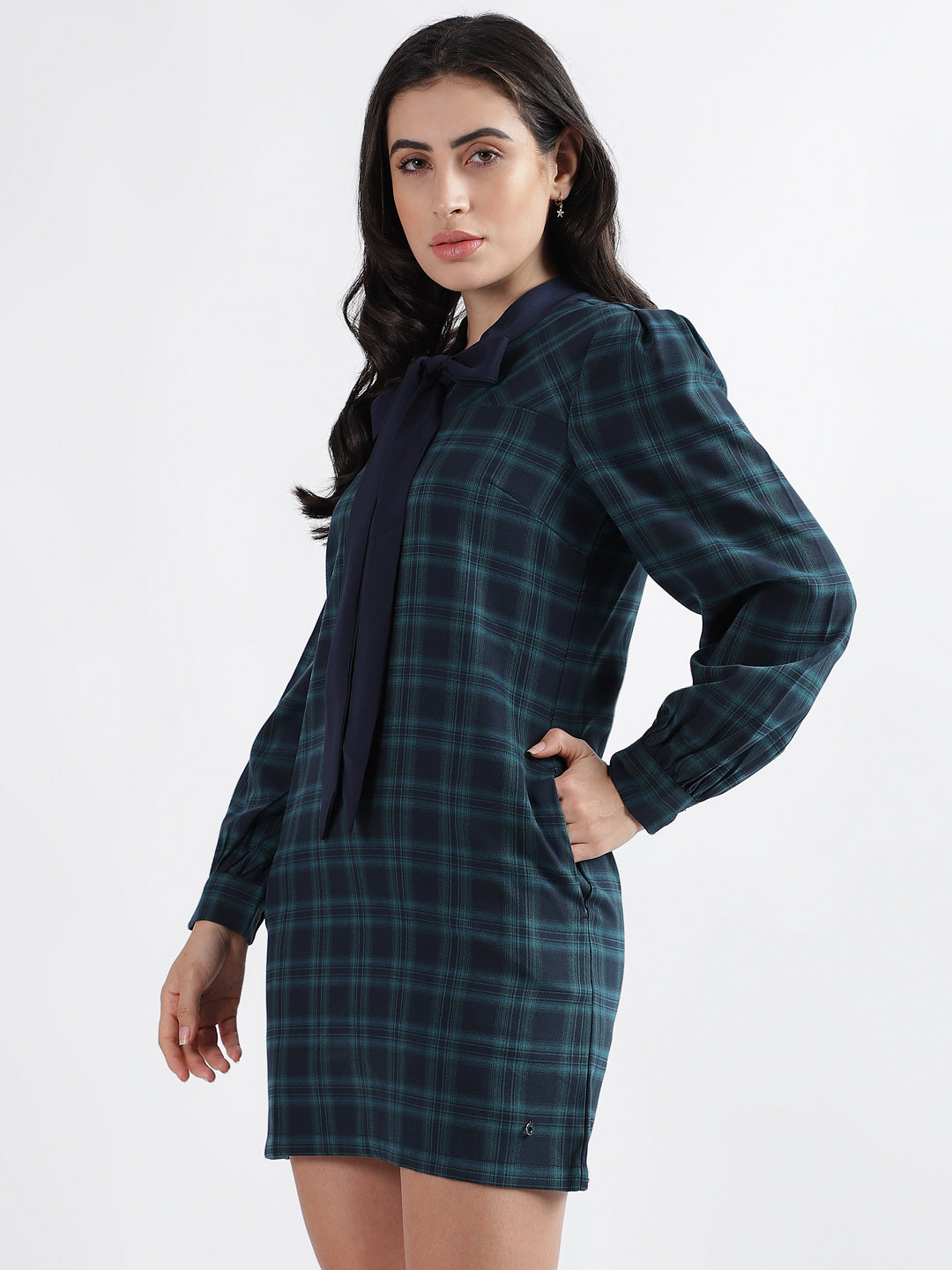 Iconic Women Navy Blue Checked Tie Up Neck Full Sleeves Dress