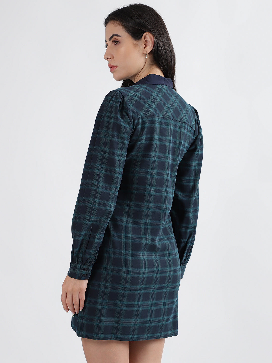 Iconic Women Navy Blue Checked Tie Up Neck Full Sleeves Dress