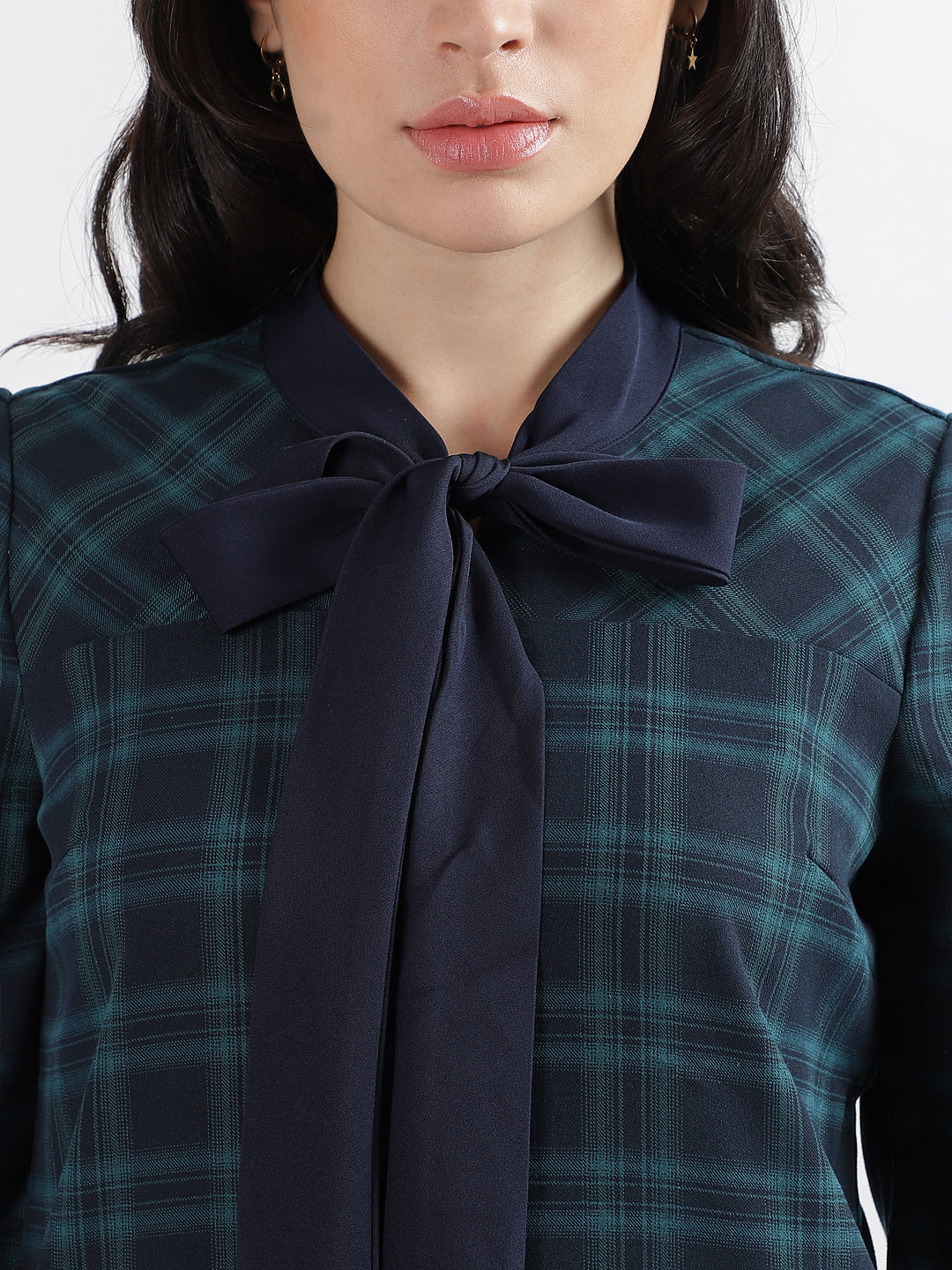 Iconic Women Navy Blue Checked Tie Up Neck Full Sleeves Dress