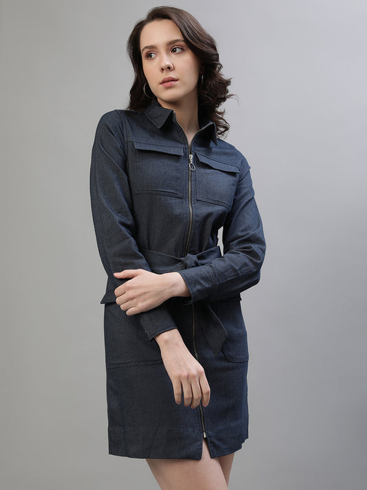 Iconic Women Blue Solid Spread Collar Full Sleeves Dress