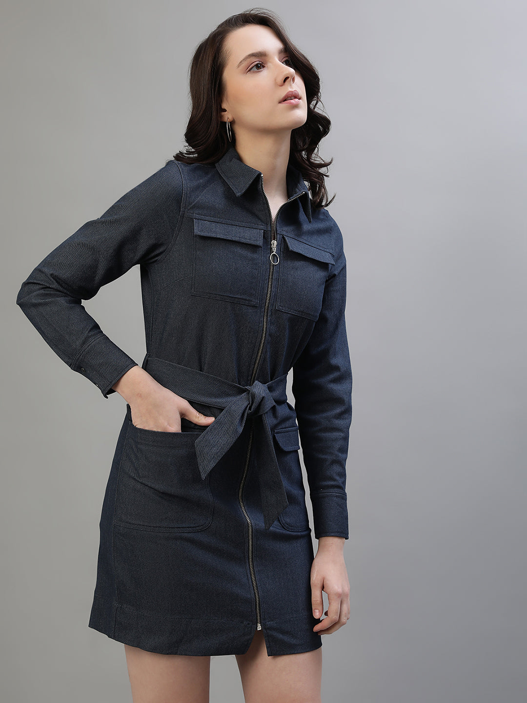 Iconic Women Blue Solid Spread Collar Full Sleeves Dress