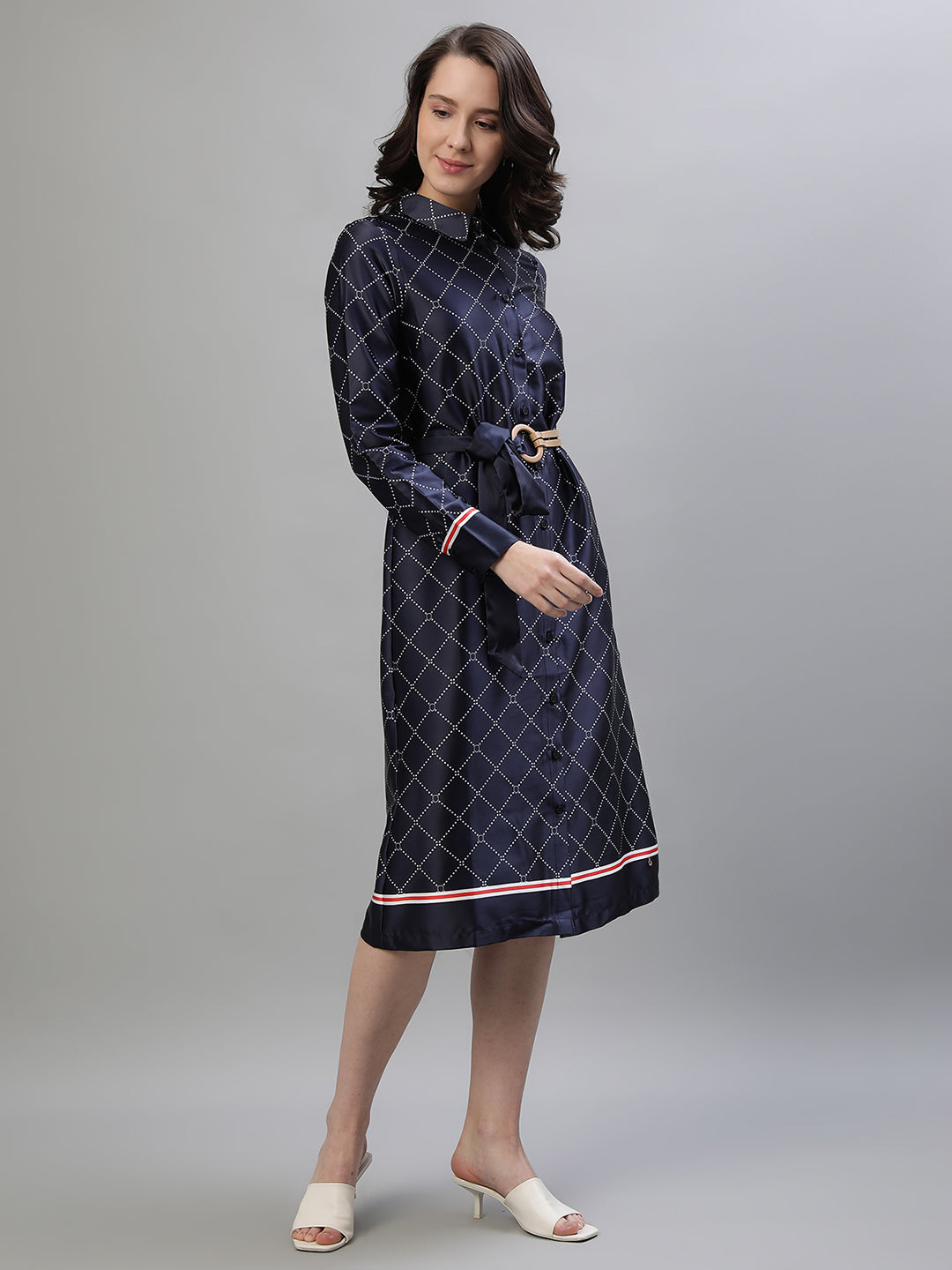 Iconic Women Navy Blue Printed Spread Collar Full Sleeves Dress