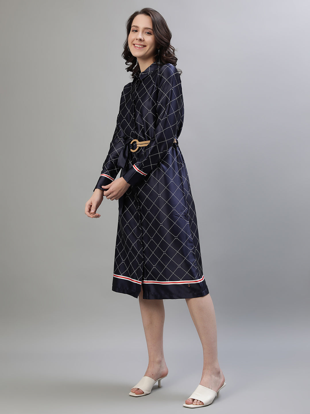 Iconic Women Navy Blue Printed Spread Collar Full Sleeves Dress