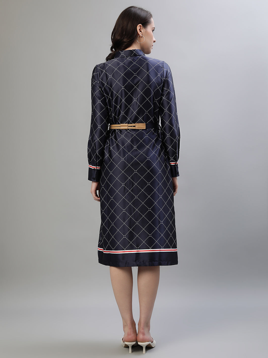 Iconic Women Navy Blue Printed Spread Collar Full Sleeves Dress