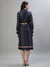 Iconic Women Navy Blue Printed Spread Collar Full Sleeves Dress