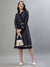 Iconic Women Navy Blue Printed Spread Collar Full Sleeves Dress