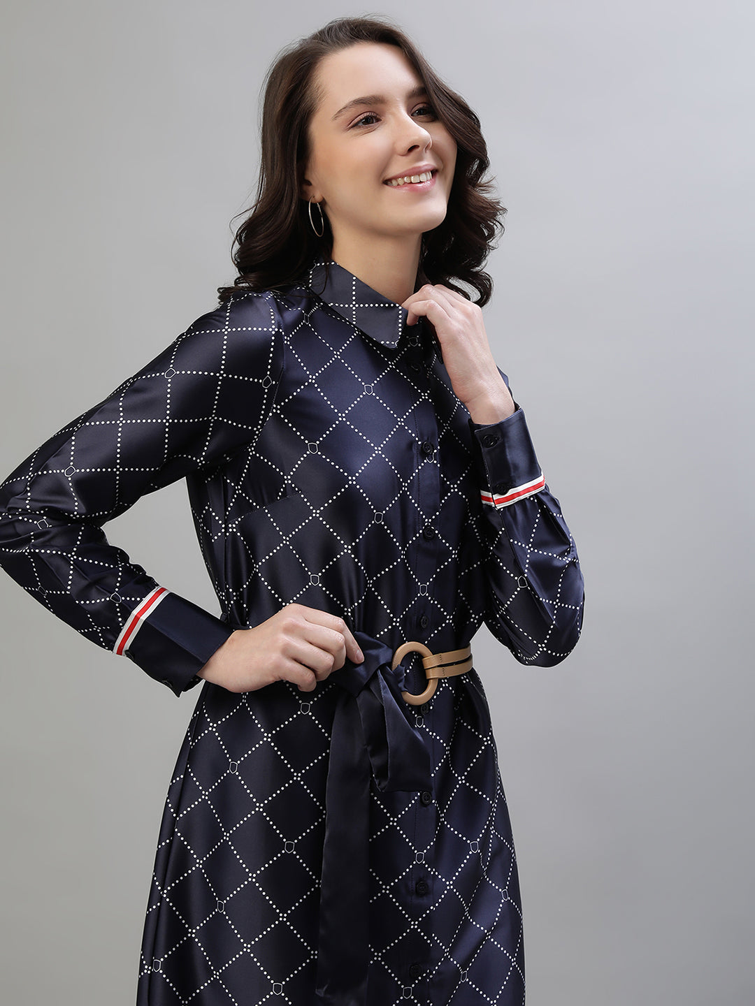 Iconic Women Navy Blue Printed Spread Collar Full Sleeves Dress