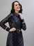 Iconic Women Navy Blue Printed Spread Collar Full Sleeves Dress