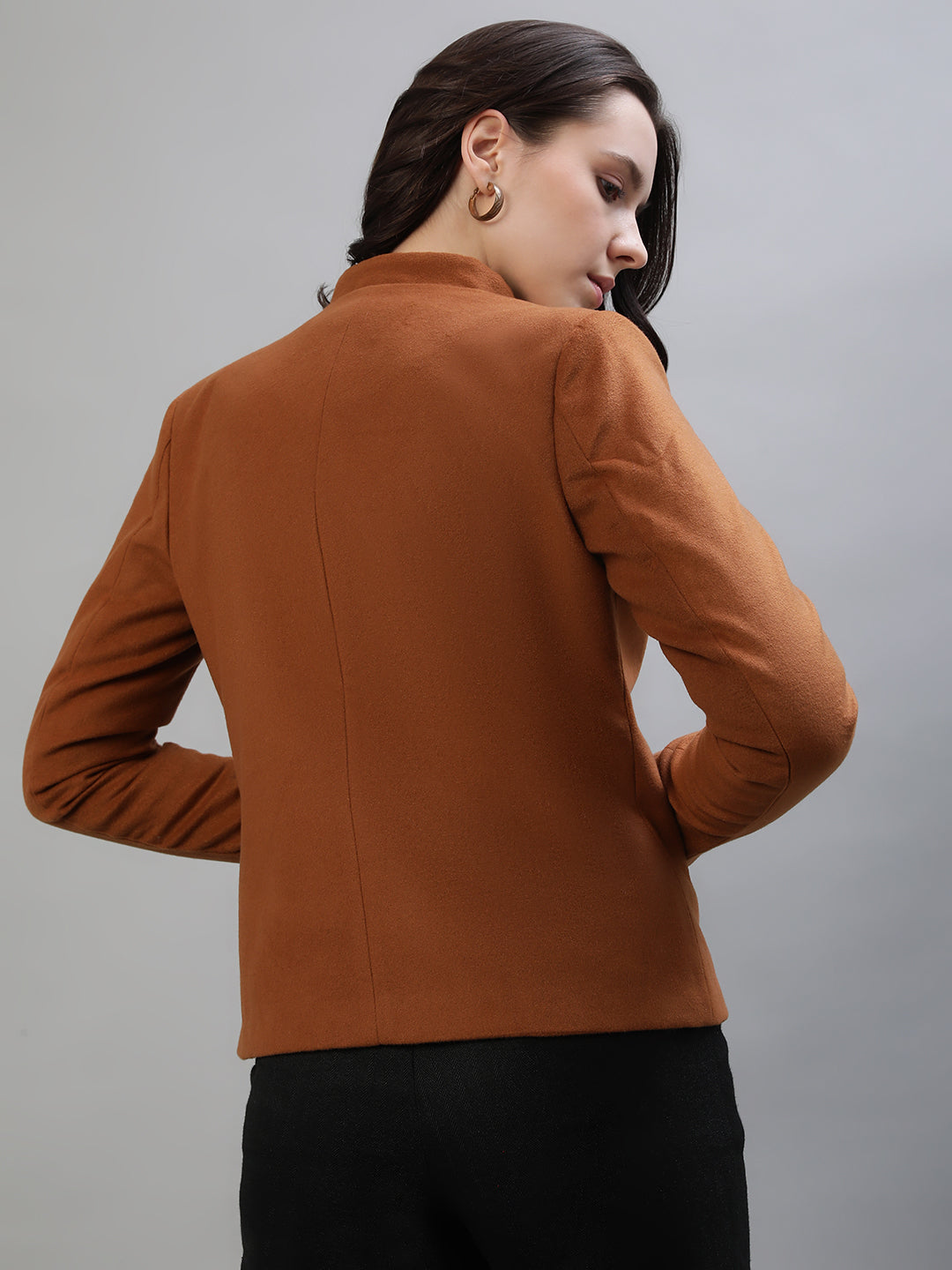 Iconic Women Brown Solid High Neck Full Sleeves Jacket