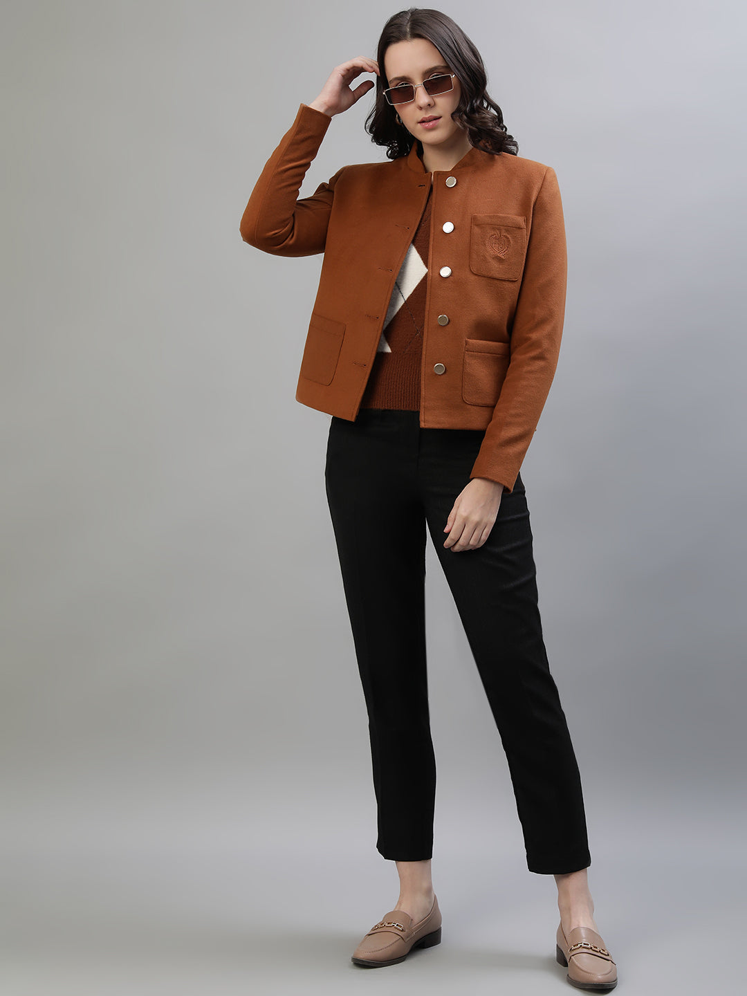 Iconic Women Brown Solid High Neck Full Sleeves Jacket