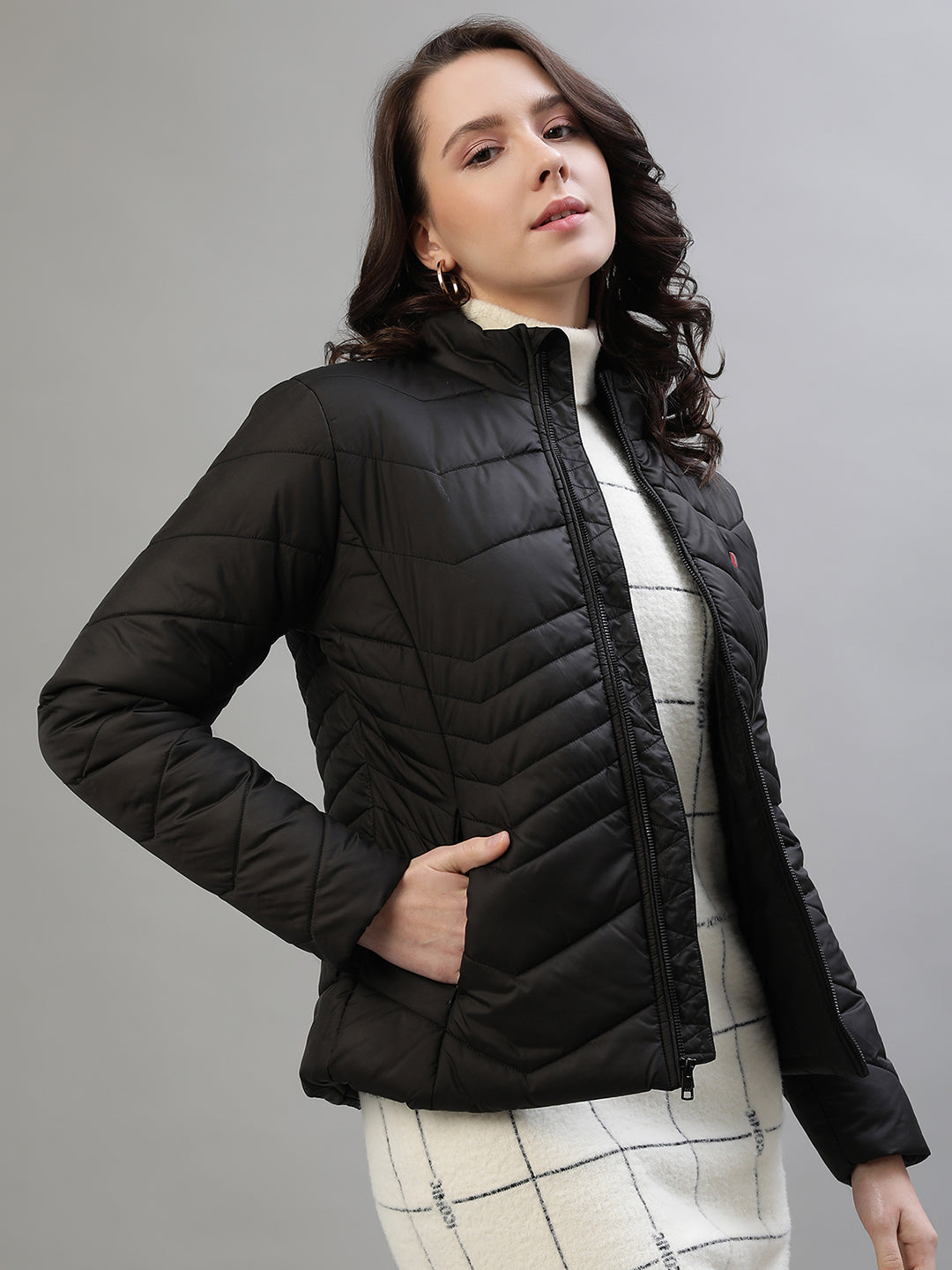 Iconic Women Black Solid Stand Collar Full Sleeves Jacket