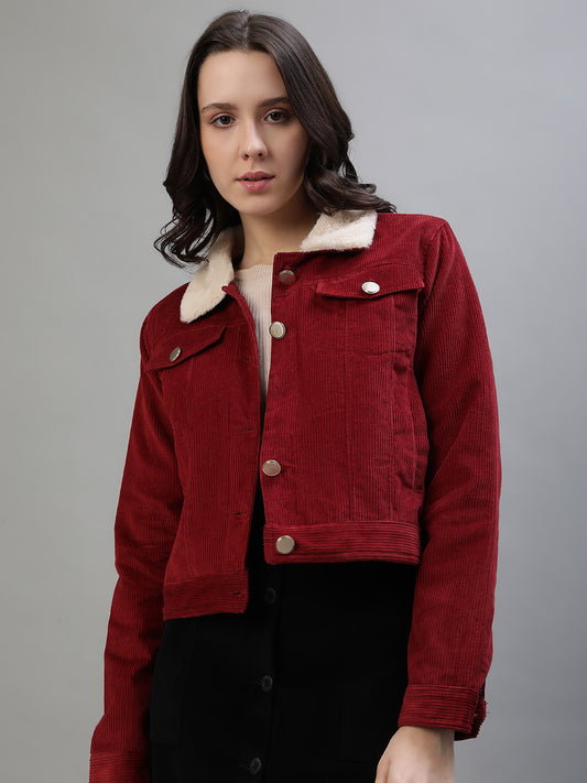 Iconic Women Red Solid Spread Collar Full Sleeves Jacket