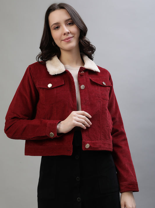 Iconic Women Red Solid Spread Collar Full Sleeves Jacket