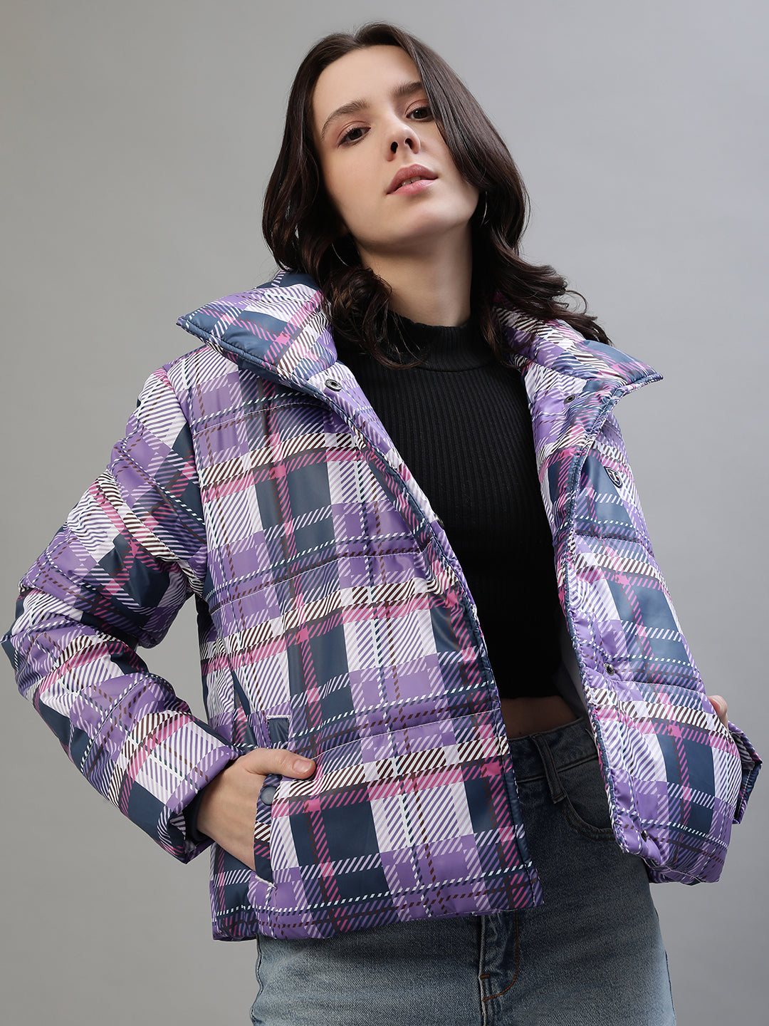 Iconic Women Multicolor Checked Stand Collar Full Sleeves Jacket