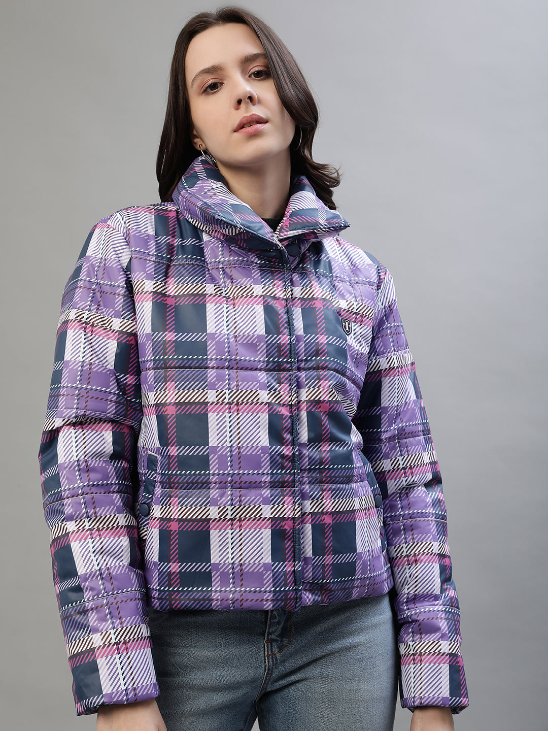 Iconic Women Multicolor Checked Stand Collar Full Sleeves Jacket