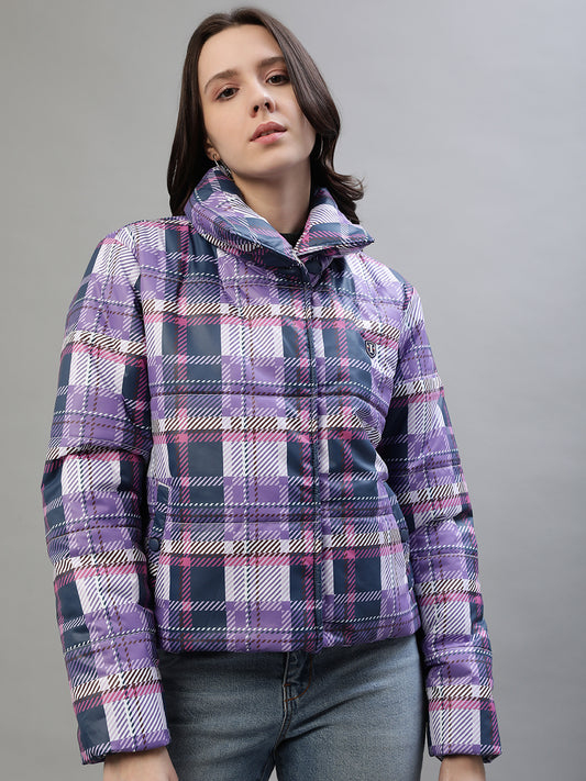 Iconic Women Multicolor Checked Stand Collar Full Sleeves Jacket