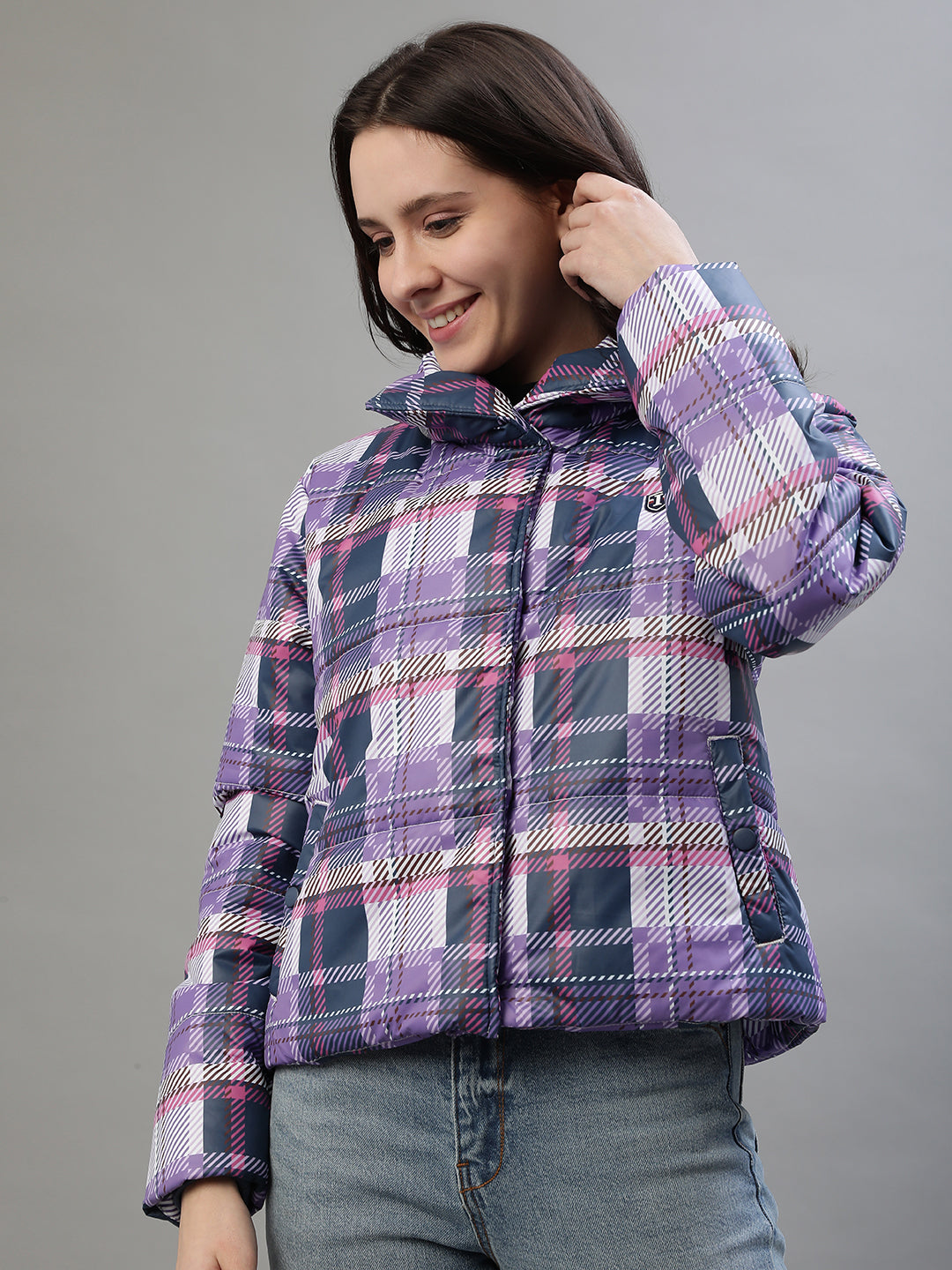 Iconic Women Multicolor Checked Stand Collar Full Sleeves Jacket