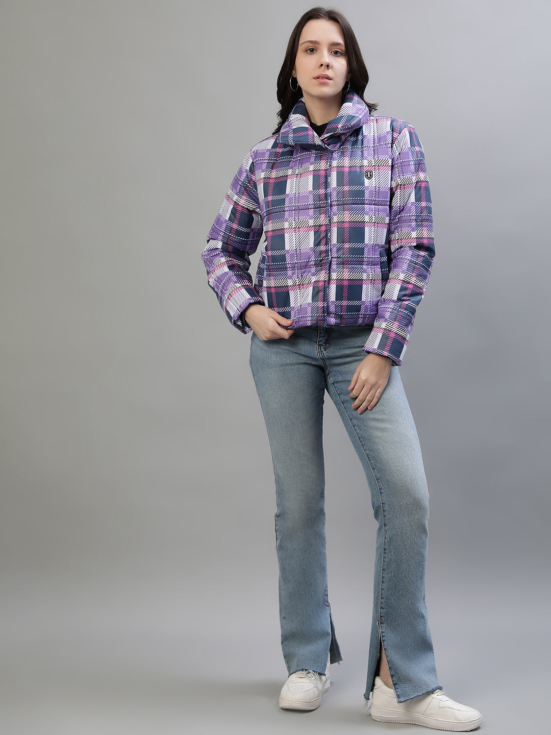 Iconic Women Multicolor Checked Stand Collar Full Sleeves Jacket