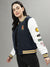 Iconic Women Navy Blue Colorblocked Stand Collar Full Sleeves Jacket